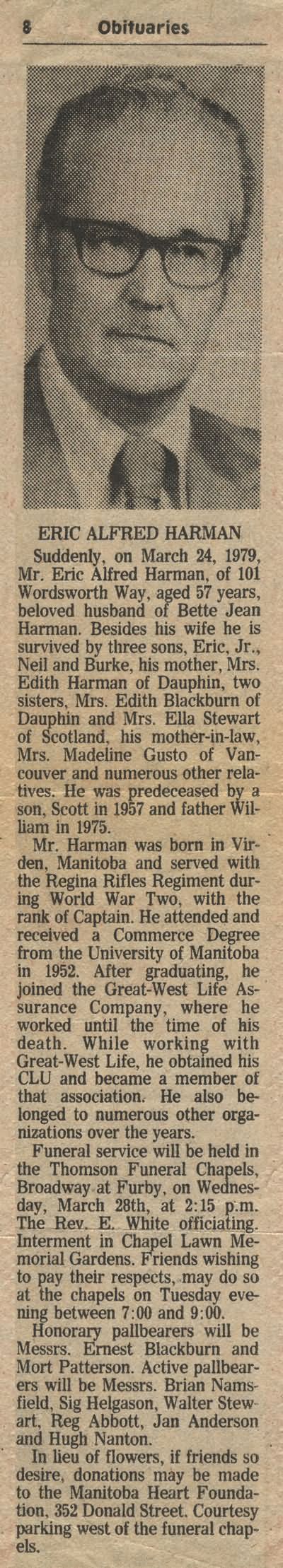 The Obituary of Eric Alfred Harman - 24th Mar 1979