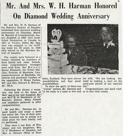 The Diamond Wedding Anniversary of William and Edith Harman - 1967