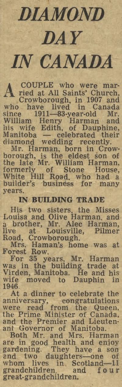 The Diamond Wedding Anniversary of William and Edith Harman from The Sussex & Kent Courier - 1967